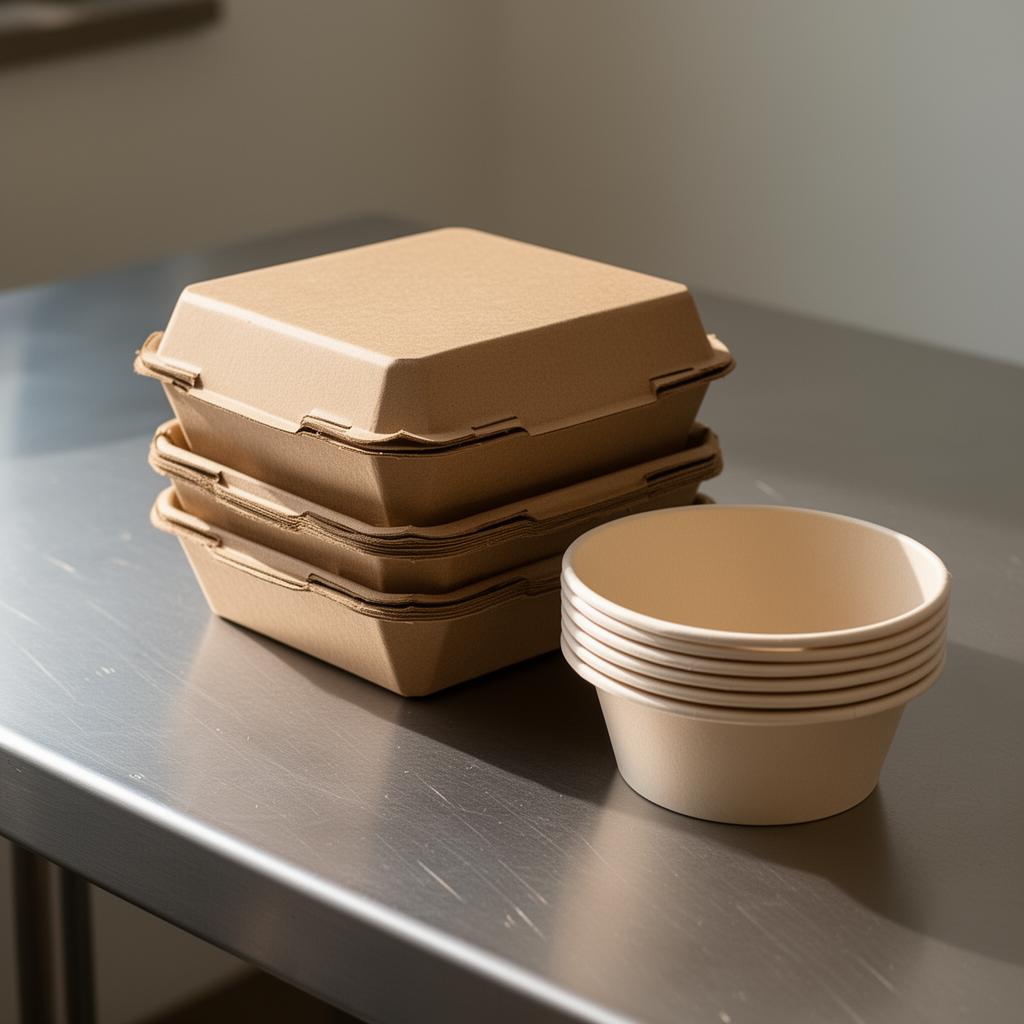 Stacked kraft clamshell boxes and paper bowls